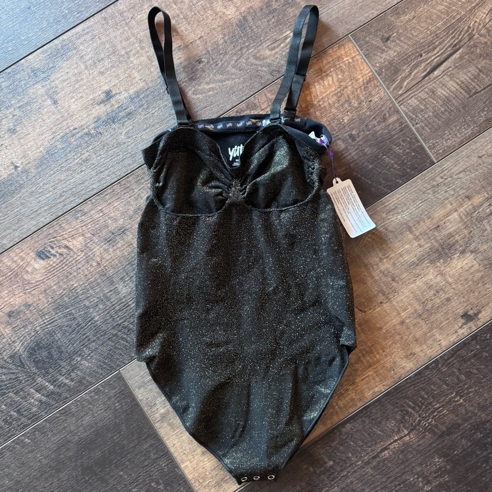 Yitty Black Shimmer Snap Bodysuit 1X/2X NWT Adjustable Straps